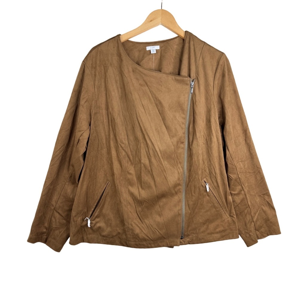 New J. Jill Faux Suede Moto Asymmetric Zip Jacket size 2X Brown